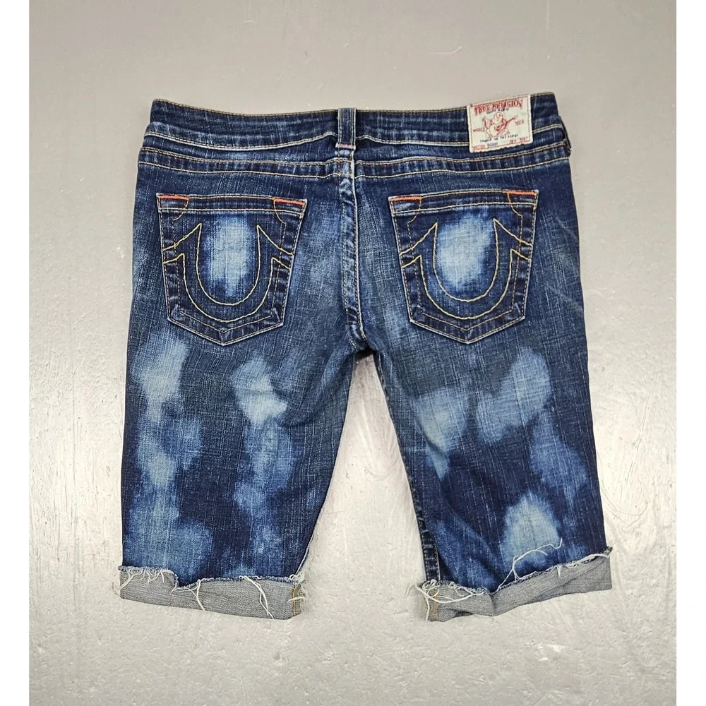 True Religion Cut-Off Bobby Shorts Mens 32 Blue Acid Wash Dark Denim Y2K